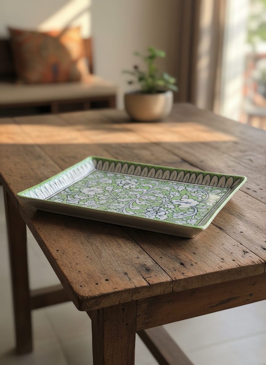 Green & White Ceramic Tea Set | Handmade Tray with 6 Mugs 2 Saucers | Artisan Pottery Se