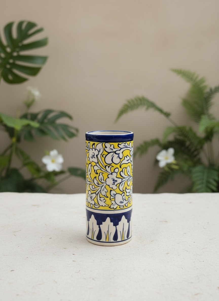 Yellow Blue Floral Cylinder Jar | Handmade Jar | Decorative Table Accessory | Artisan Pottery