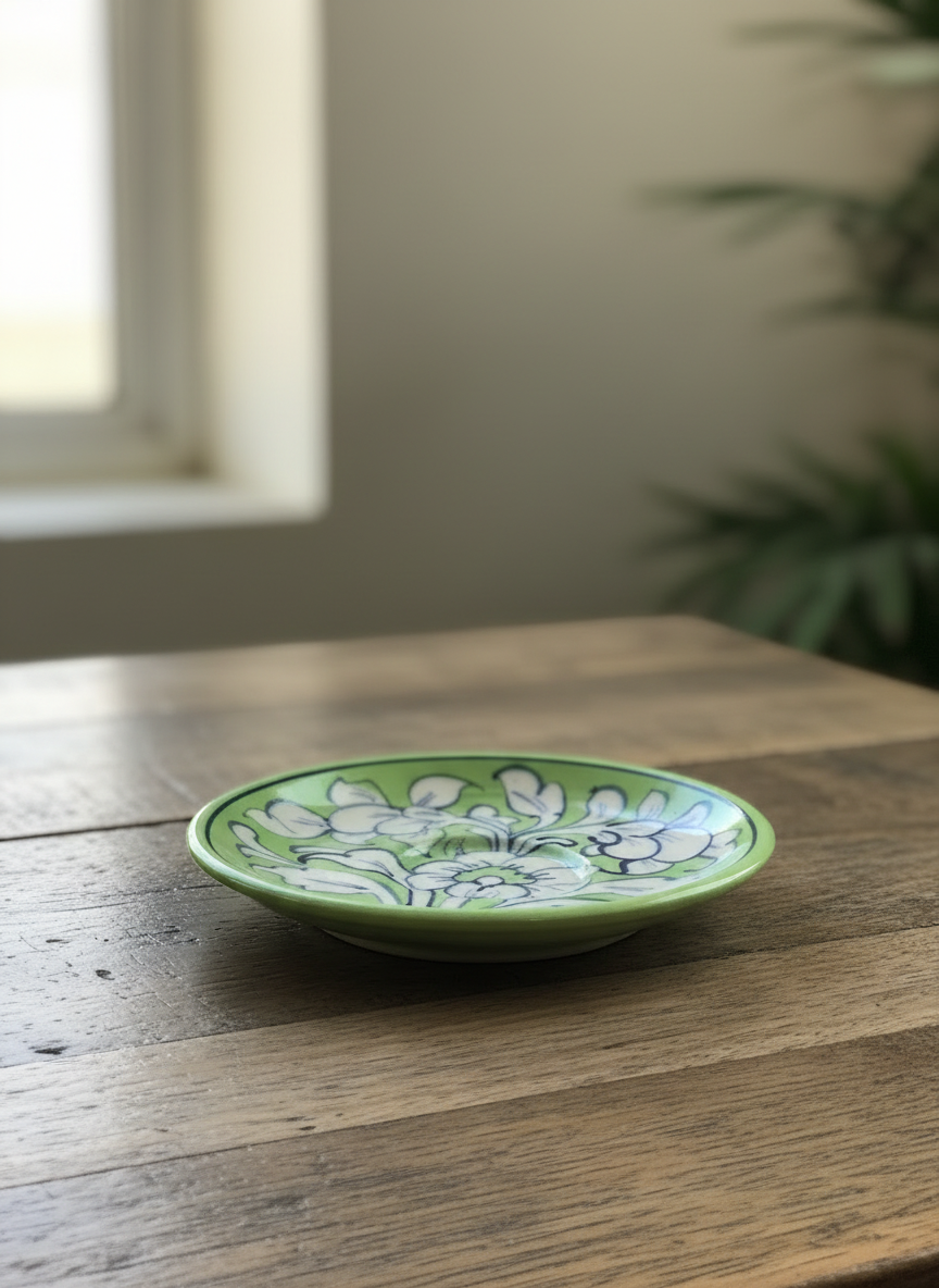 Green & White Ceramic Tea Set | Handmade Tray with 6 Mugs 2 Saucers | Artisan Pottery Se