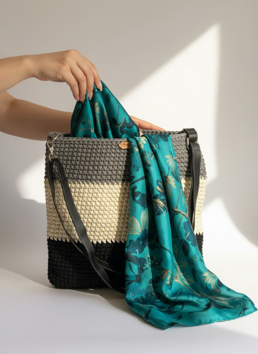 Gray Cream Black Crochet Hand Bag |