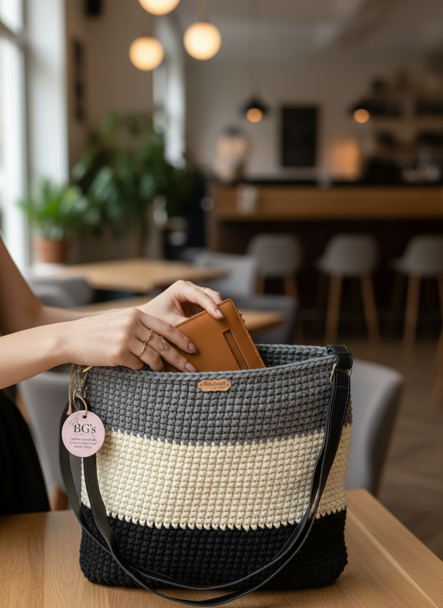 Gray Cream Black Crochet Hand Bag |