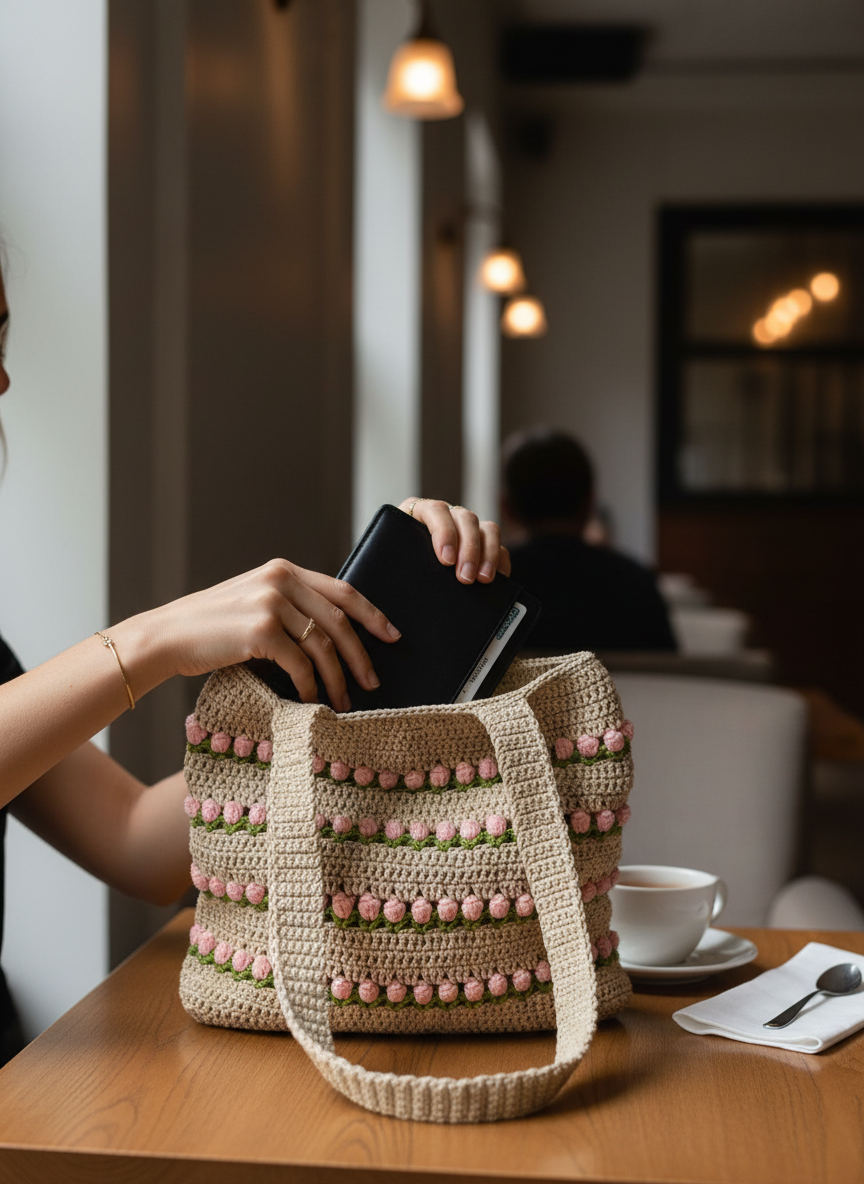 Cream with Pink Flower Crochet Hand Bag |