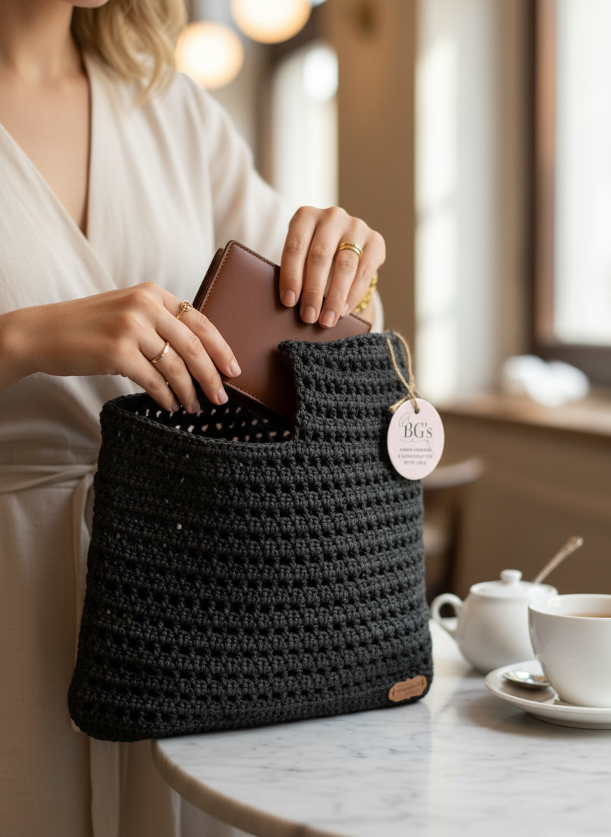 Black Crochet Bucket Hand Bag |