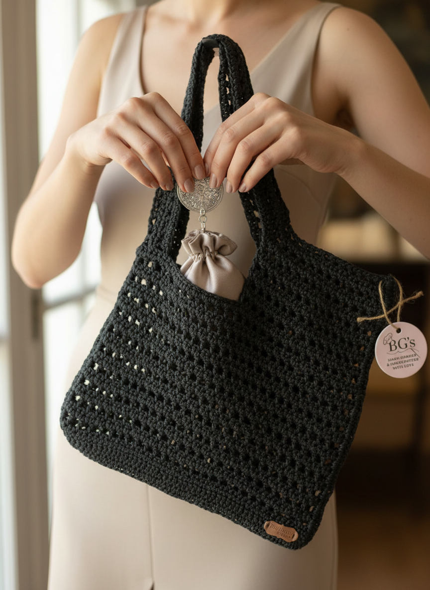 Black Crochet Bucket Hand Bag |