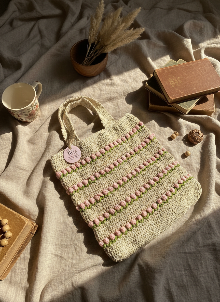 Cream with Pink Flower Crochet Hand Bag |