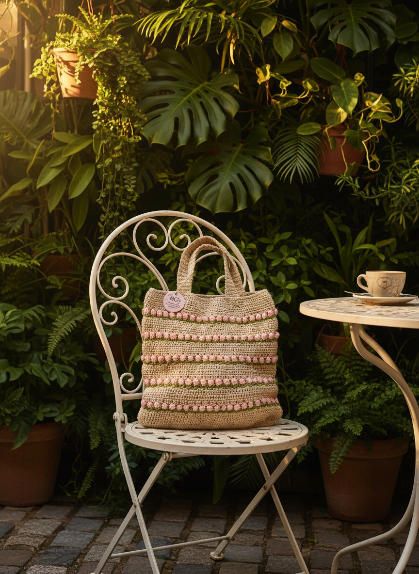Cream with Pink Flower Crochet Hand Bag |