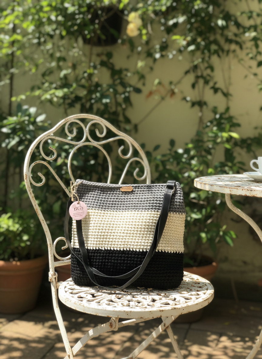 Gray Cream Black Crochet Hand Bag |