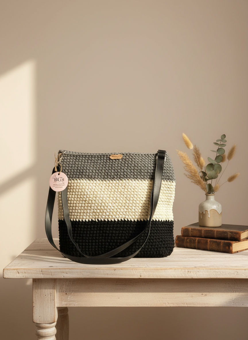 Gray Cream Black Crochet Hand Bag |
