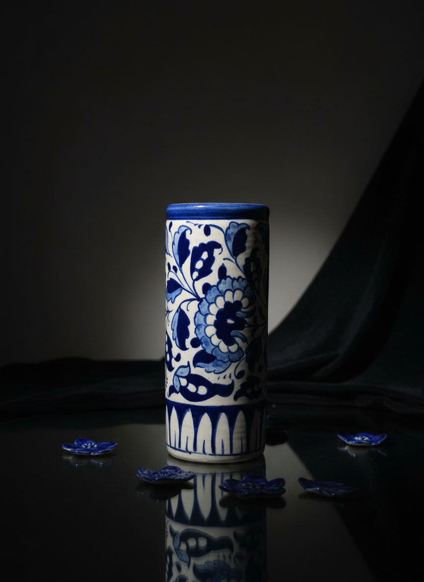 Blue & White Floral Ceramic Cylinder Jar | Handmade Table Protector | Artisan Pottery Home Decor