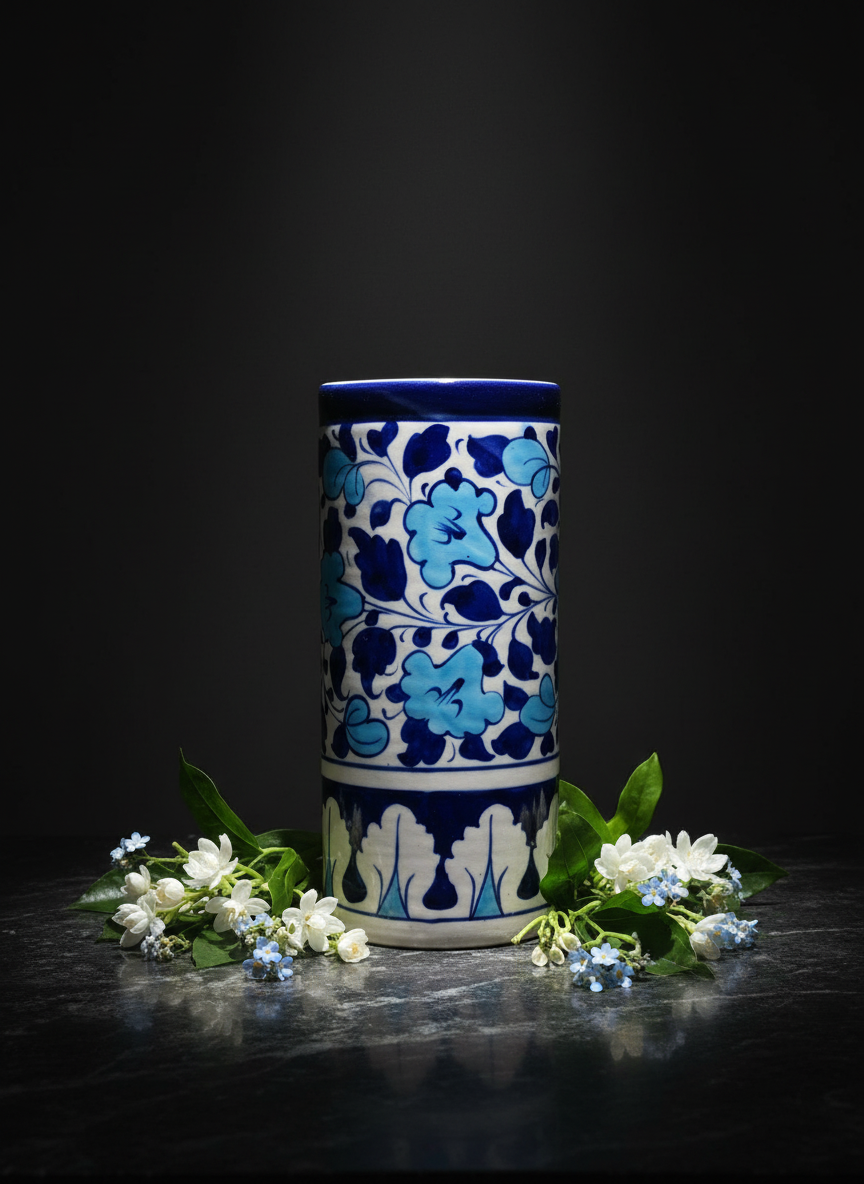 Blue Floral Cylinder Jar| Handmade Cylinder | Decorative Table Accessory | Artisan Pottery