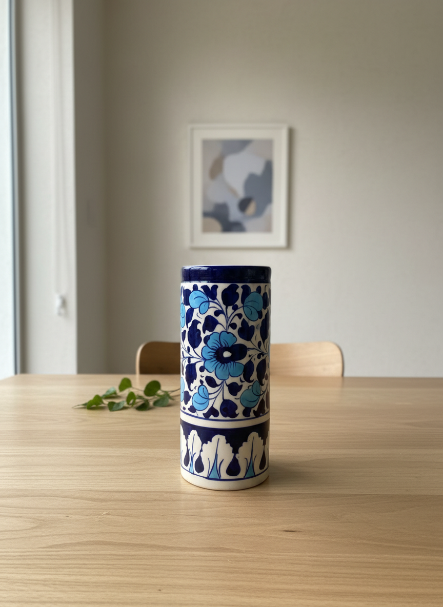 Blue Floral Cylinder Jar| Handmade Cylinder | Decorative Table Accessory | Artisan Pottery