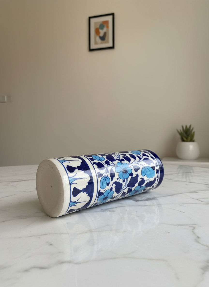 Blue Floral Cylinder Jar| Handmade Cylinder | Decorative Table Accessory | Artisan Pottery