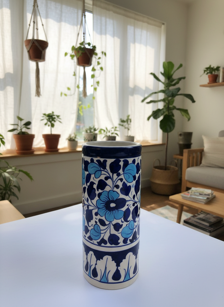 Blue Floral Cylinder Jar| Handmade Cylinder | Decorative Table Accessory | Artisan Pottery