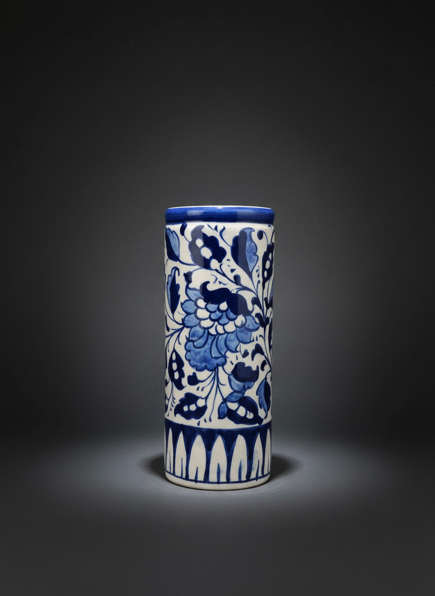 Blue & White Floral Ceramic Cylinder Jar | Handmade Table Protector | Artisan Pottery Home Decor