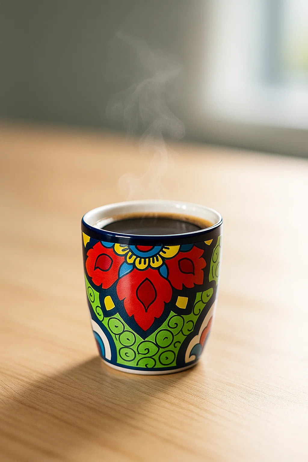 Colorful mug with floral design on a wooden surface with steam rising from it.