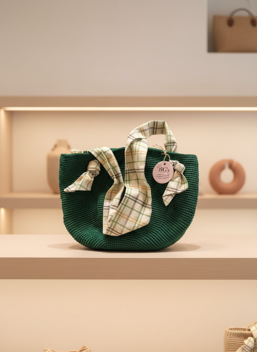 Green woven handbag with a plaid ribbon on a wooden shelf