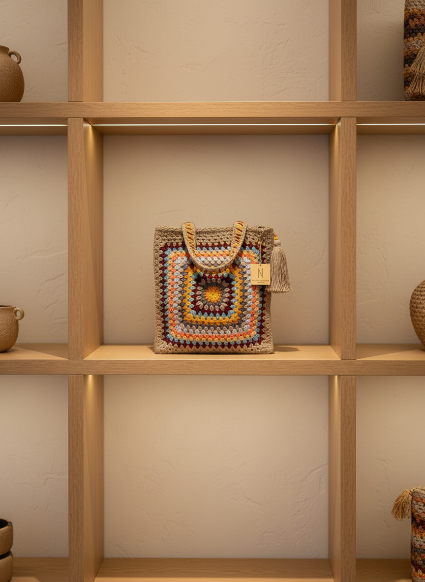 Colorful woven bag on a wooden shelf with a neutral background