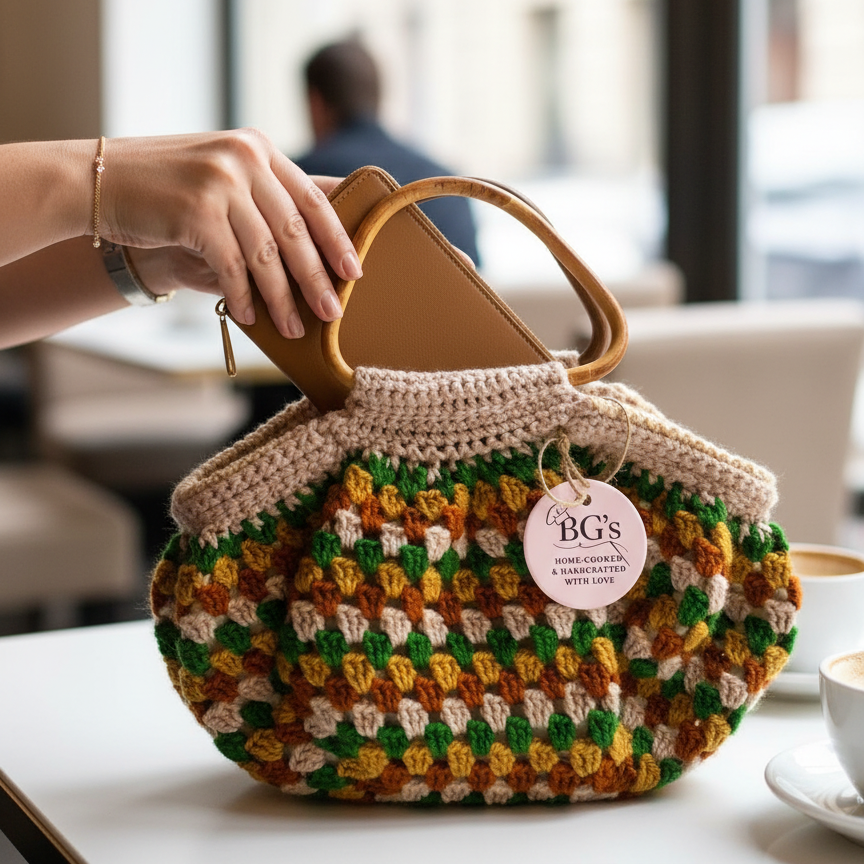 Handmade crochet bag with a visible brand tag held by a person in a cafe setting.