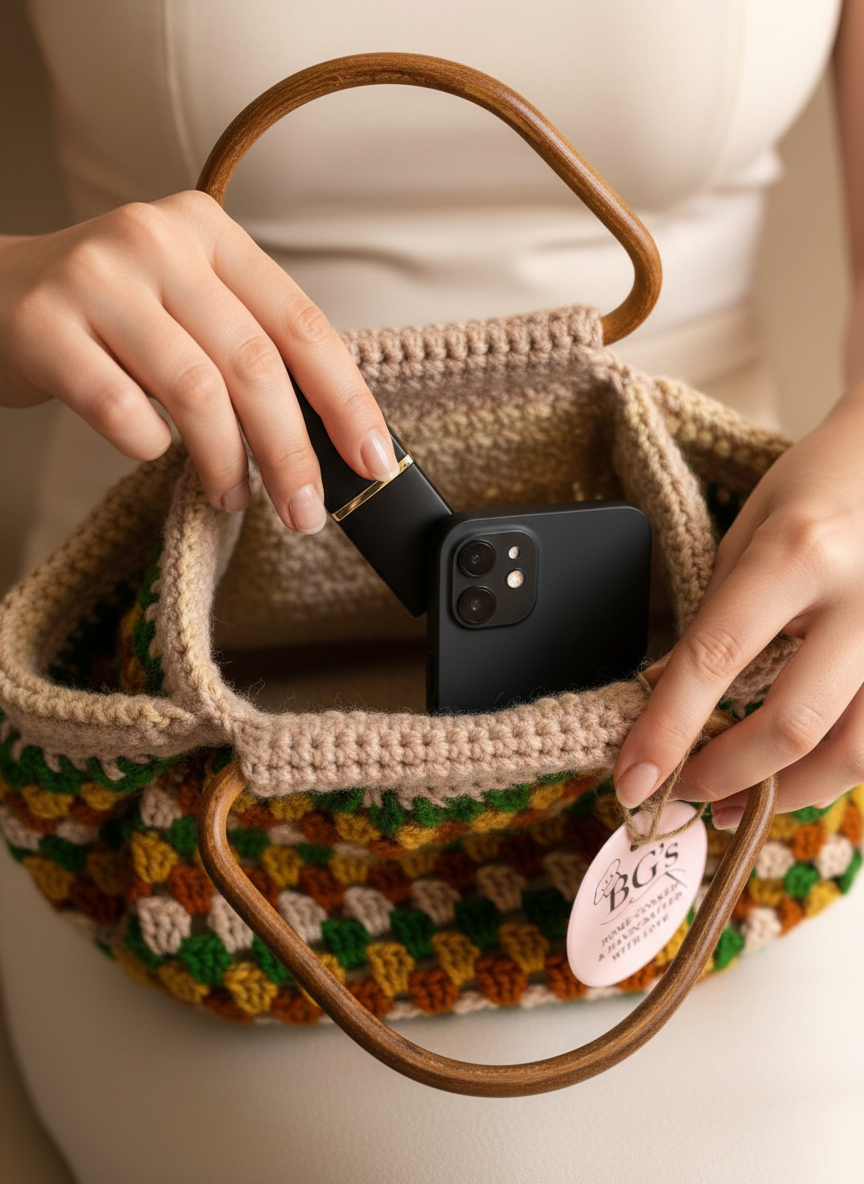 Person holding a textured handbag with a phone case inside, on a neutral background