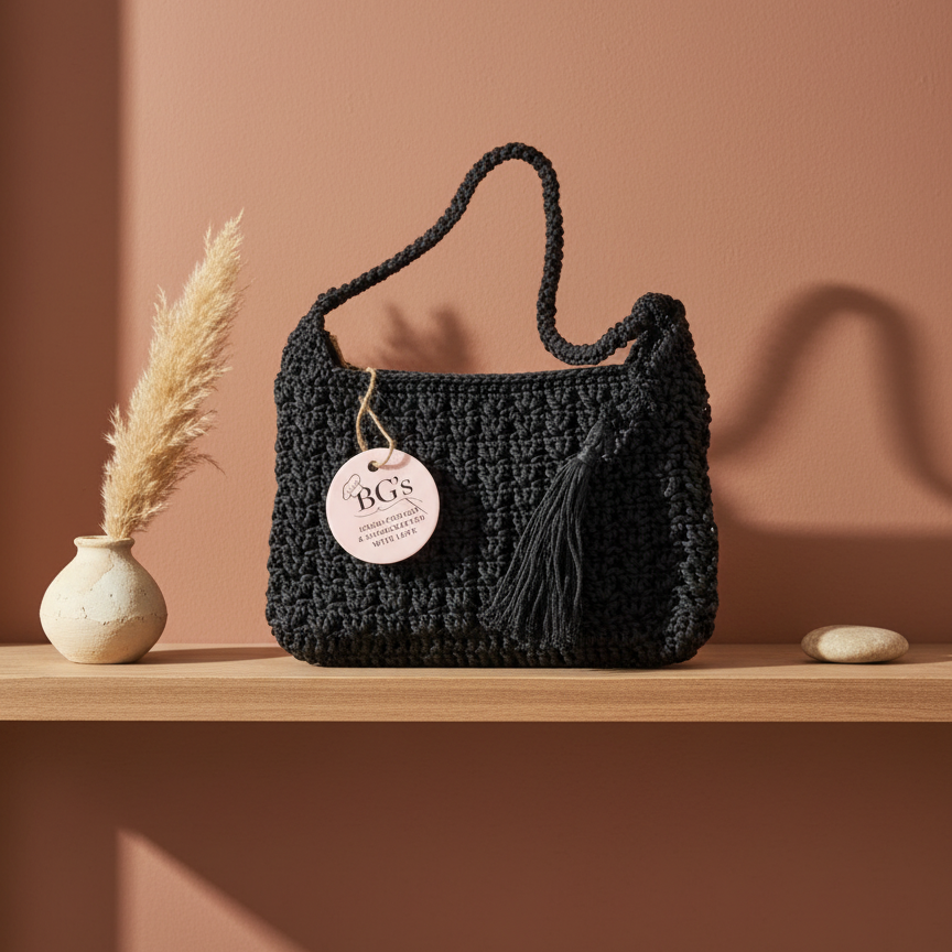 Black woven handbag with a tag on a wooden shelf against a brown wall