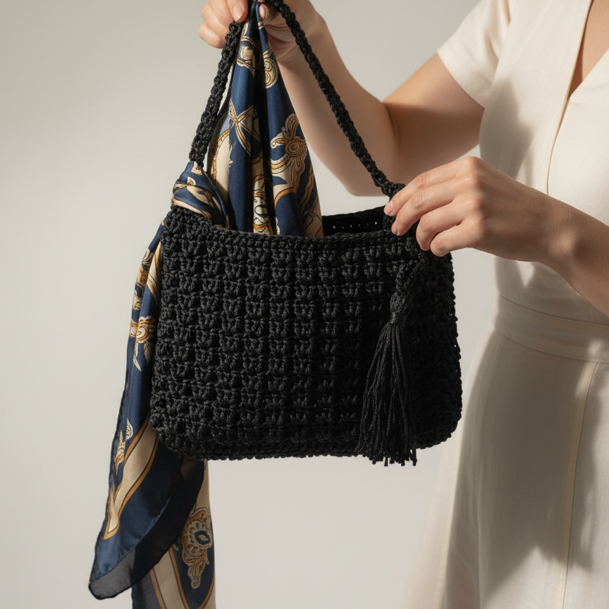 Person holding a black woven handbag with a patterned scarf draped over it against a neutral background