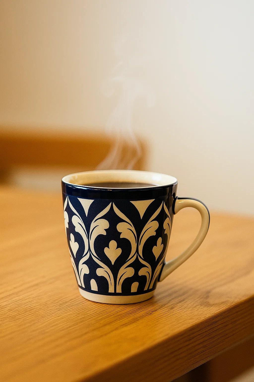 Blue and white patterned mug on a wooden surface with steam rising from it.