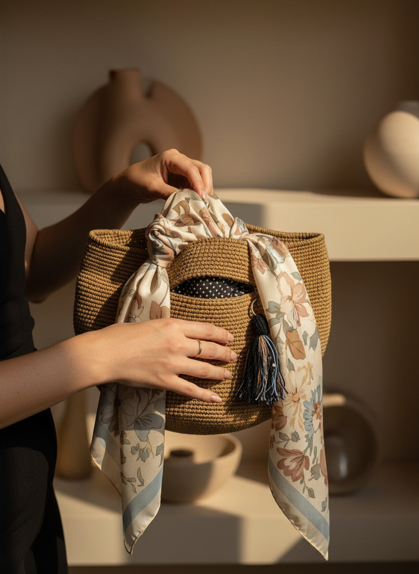 Person holding a woven bag with a floral scarf draped over it, against a warm-toned background.