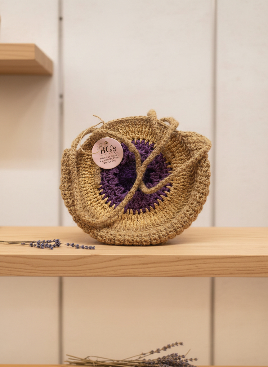 Crocheted bag with a purple flower on a wooden shelf against a white paneled wall.