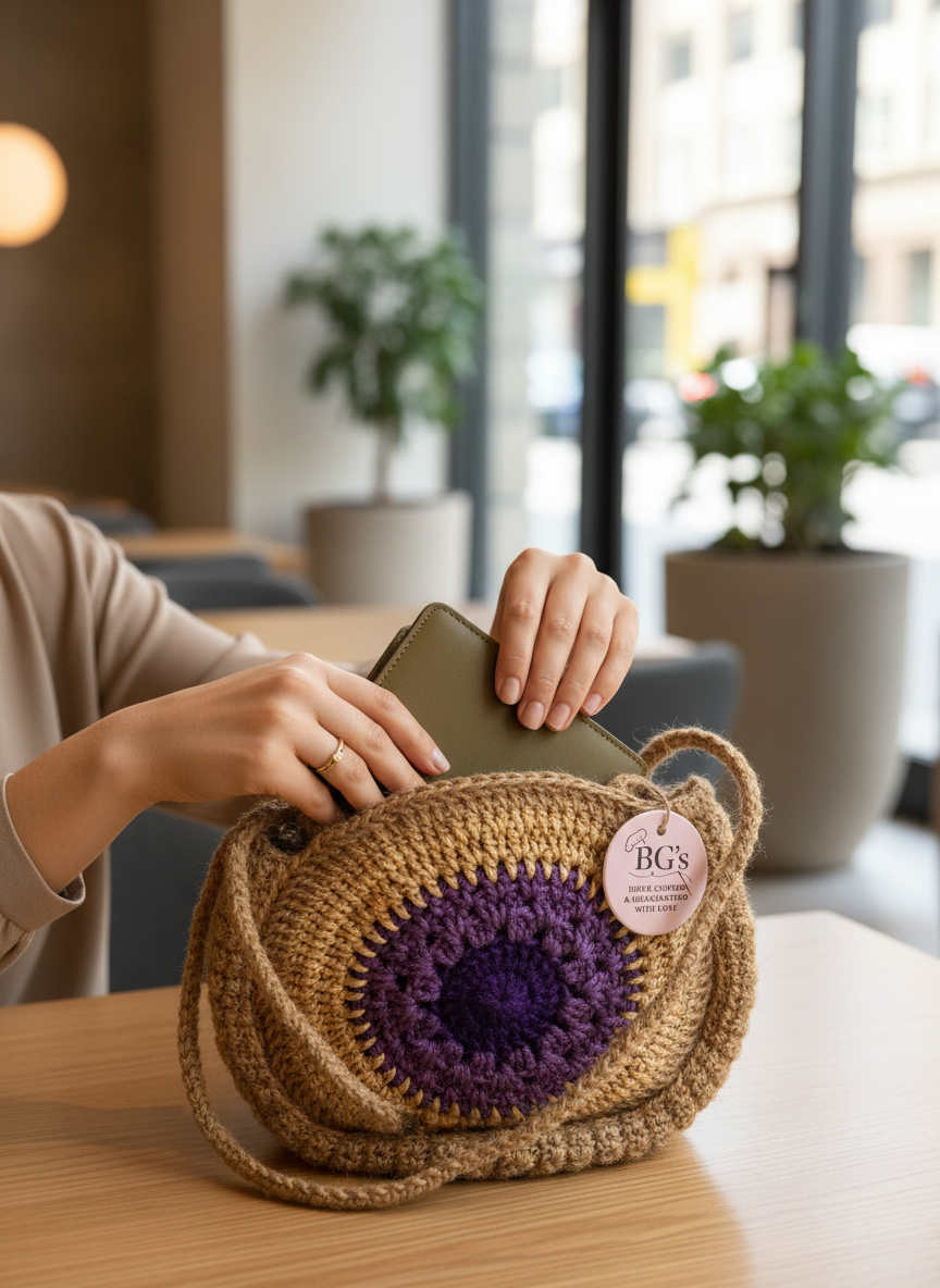 Person holding a crocheted bag with a purple center in a blurred indoor setting
