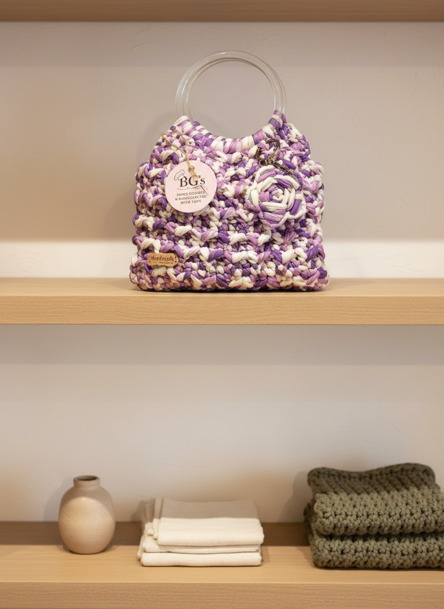 Purple and white textured bag on a wooden shelf with decorative items below