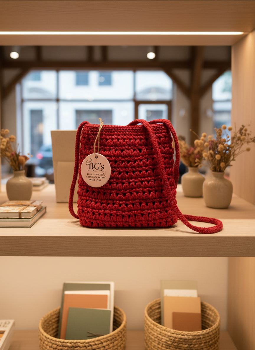 Red crocheted bag with a visible brand tag on a wooden shelf.