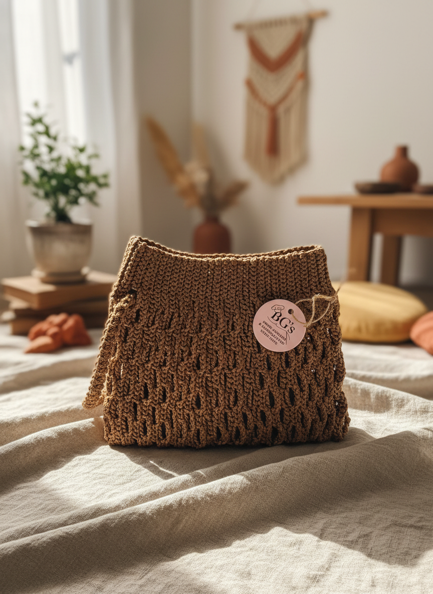 Brown woven bag with a tag on a light-colored surface, with a blurred indoor background.