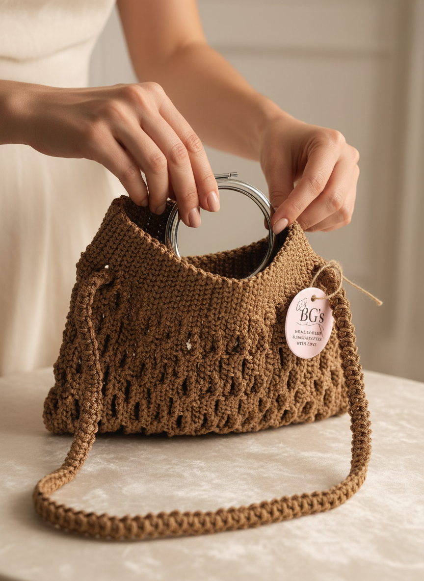 Brown crochet handbag with a visible brand tag held by hands on a light surface.