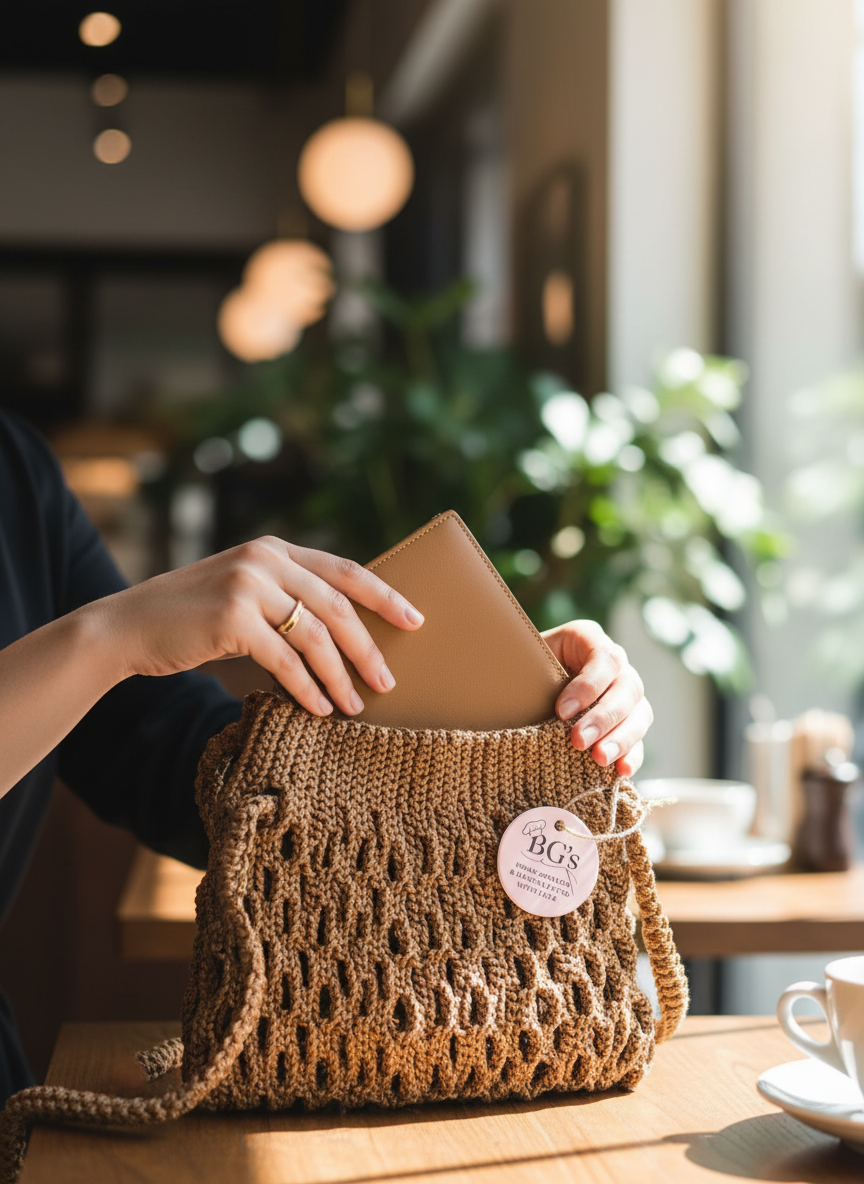 Person holding a brown woven bag with a visible brand label in a cafe setting.