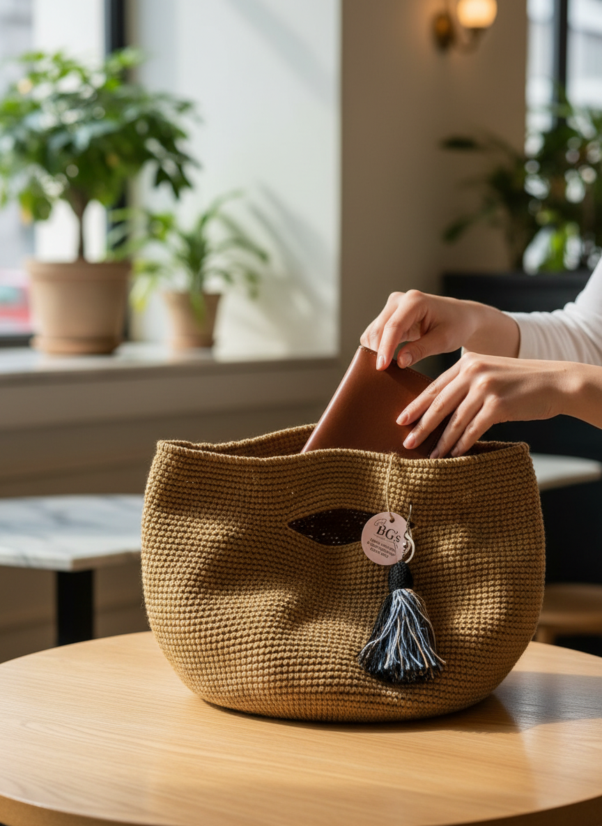 Person interacting with a woven basket on a table in a bright room with plants.