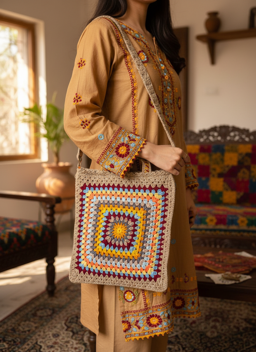 Person holding a colorful crochet bag in a home setting