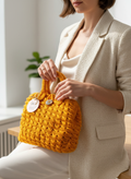 Person holding a yellow crocheted handbag with a plant and light background