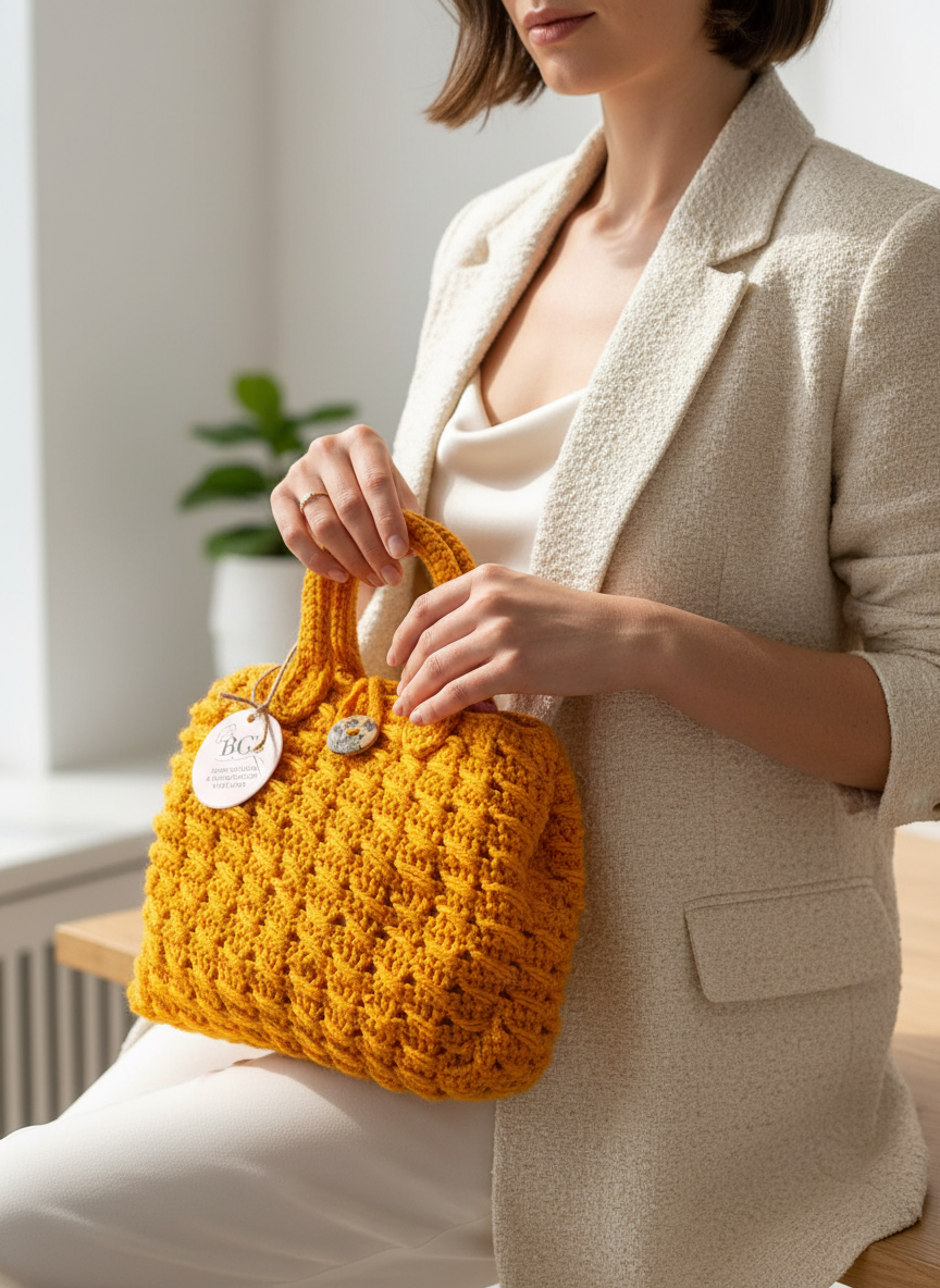 Person holding a yellow crocheted handbag with a plant and light background