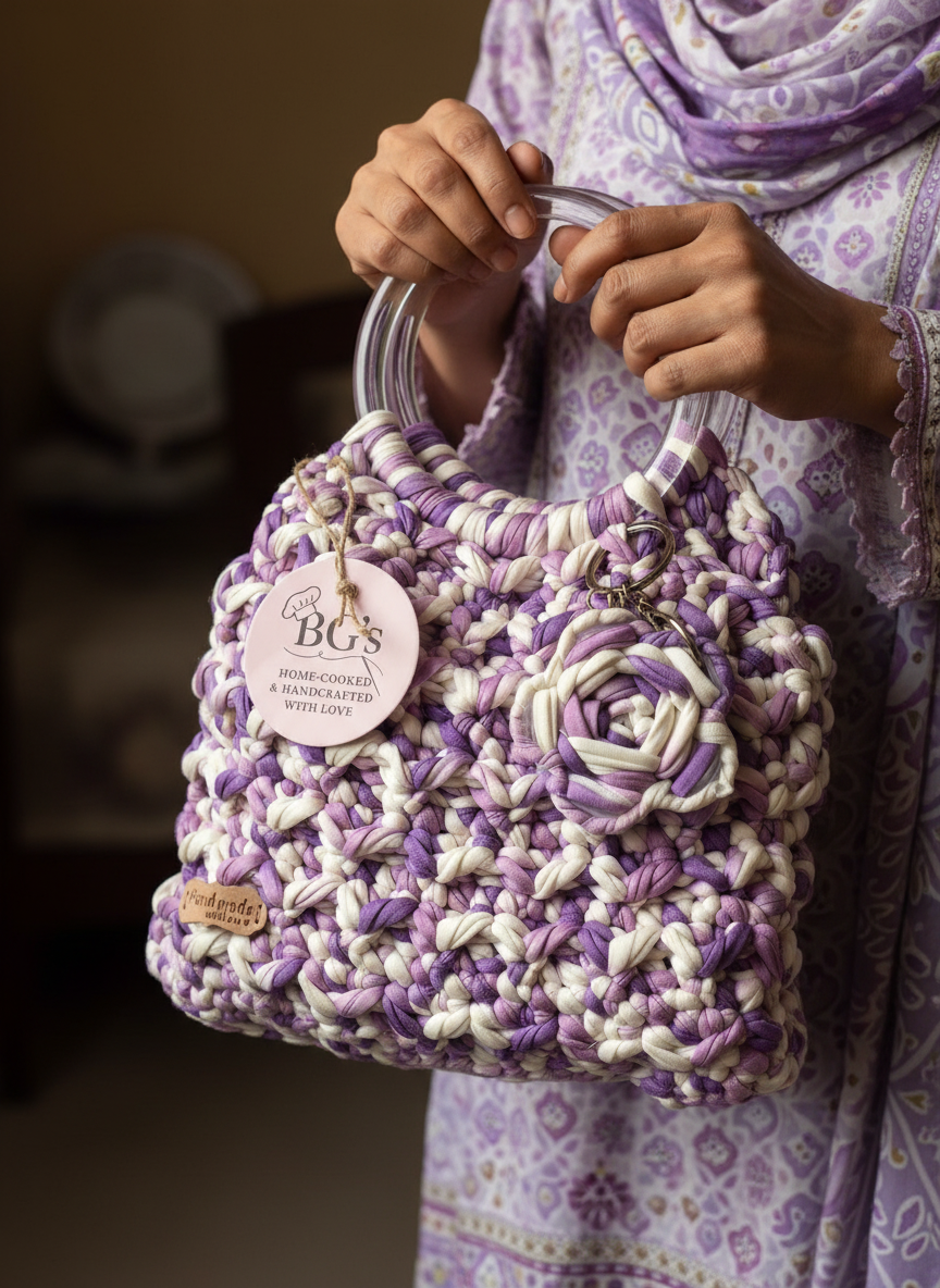 Person holding a purple and white crocheted handbag with a visible brand tag.
