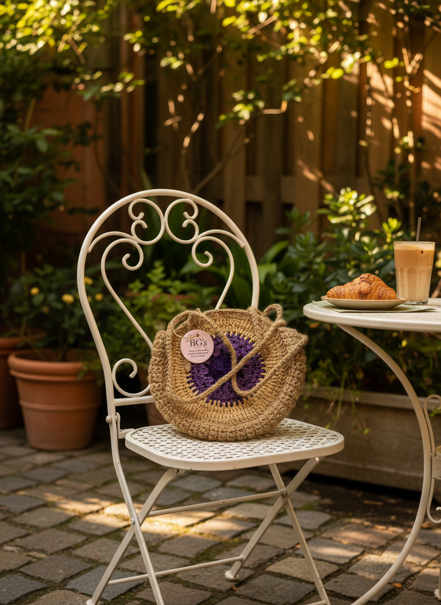 Jute Crochet Hand Bag with Purple Flower |