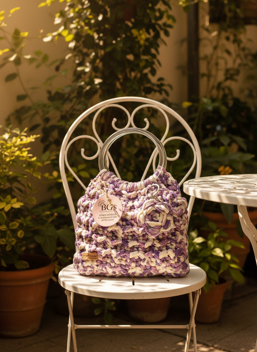 Purple textured handbag on a white metal chair with plants in the background