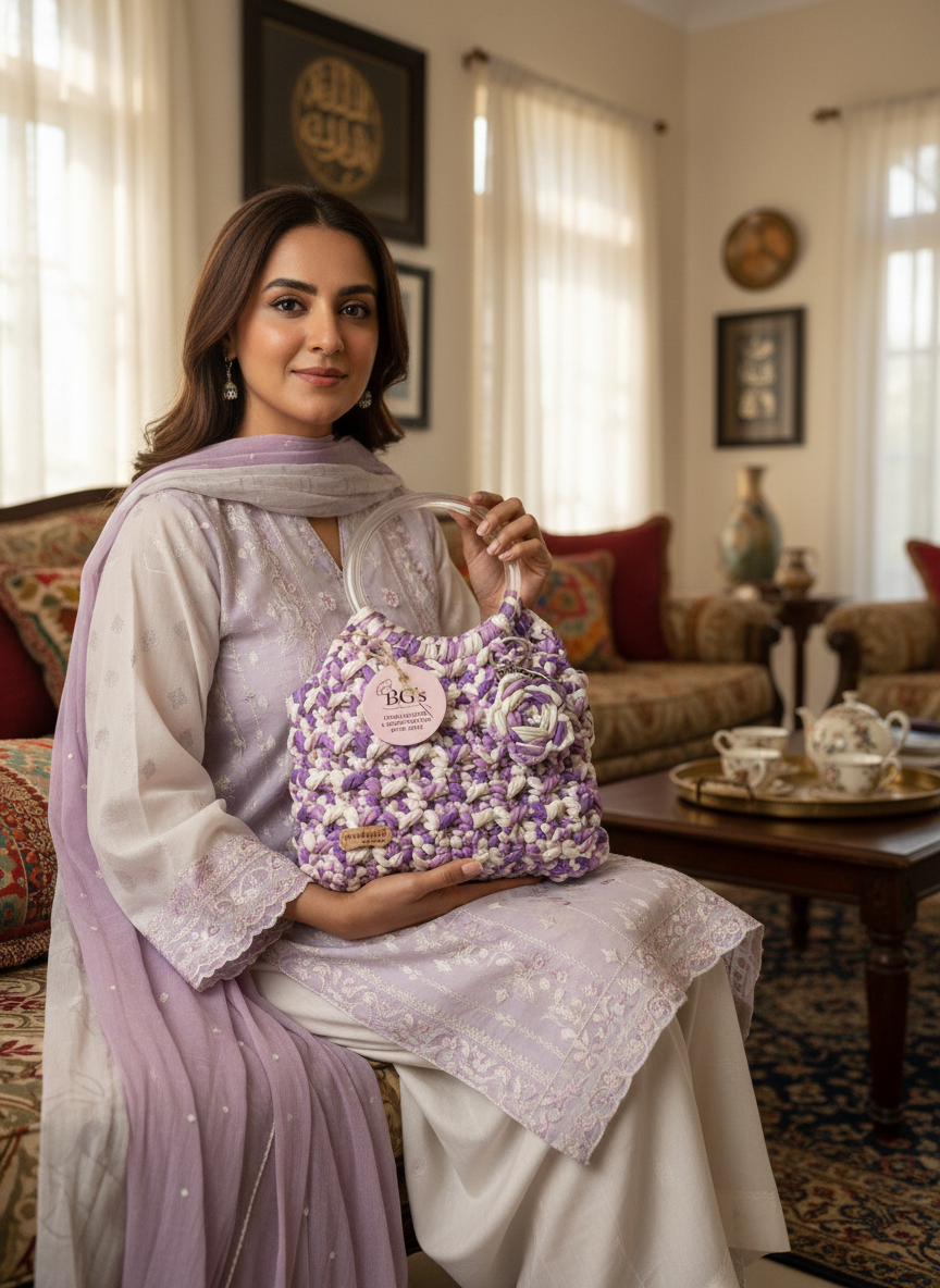 Woman in a light purple traditional outfit holding a floral-patterned handbag in a living room.