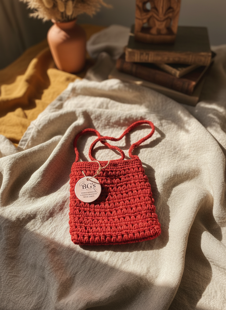 Red crochet bag with a tag on a textured fabric surface