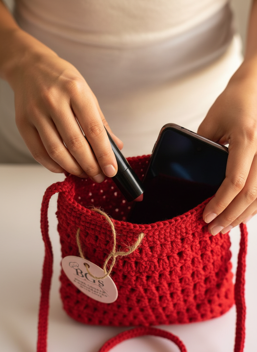 Red crochet bag with a tag being used to hold a phone and lipstick.