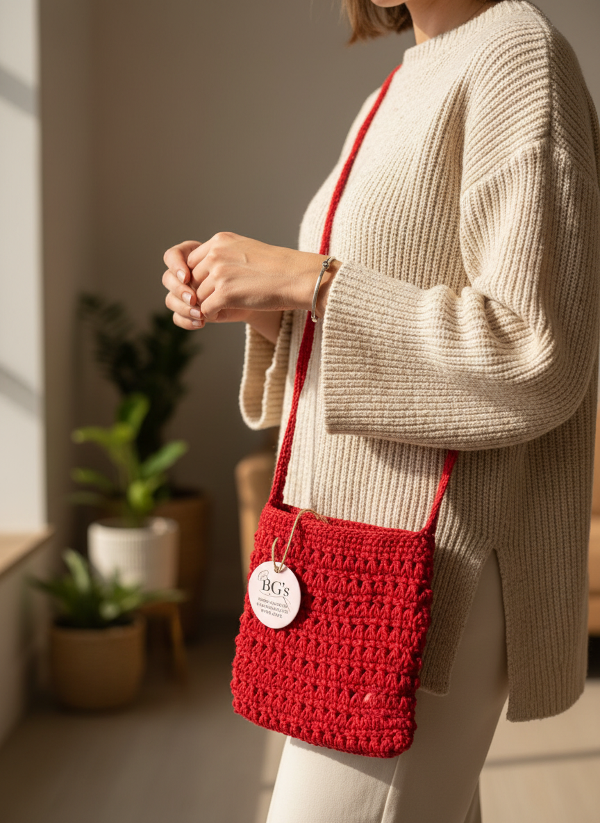 Person holding a red crochet bag with a visible brand tag indoors.