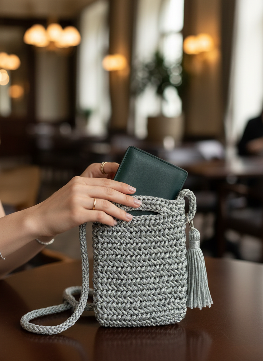 Person holding a gray knitted bag with a phone inside, blurred indoor background