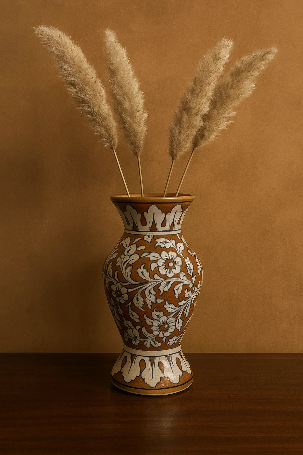 Decorative vase with floral patterns and pampas grass against a brown background