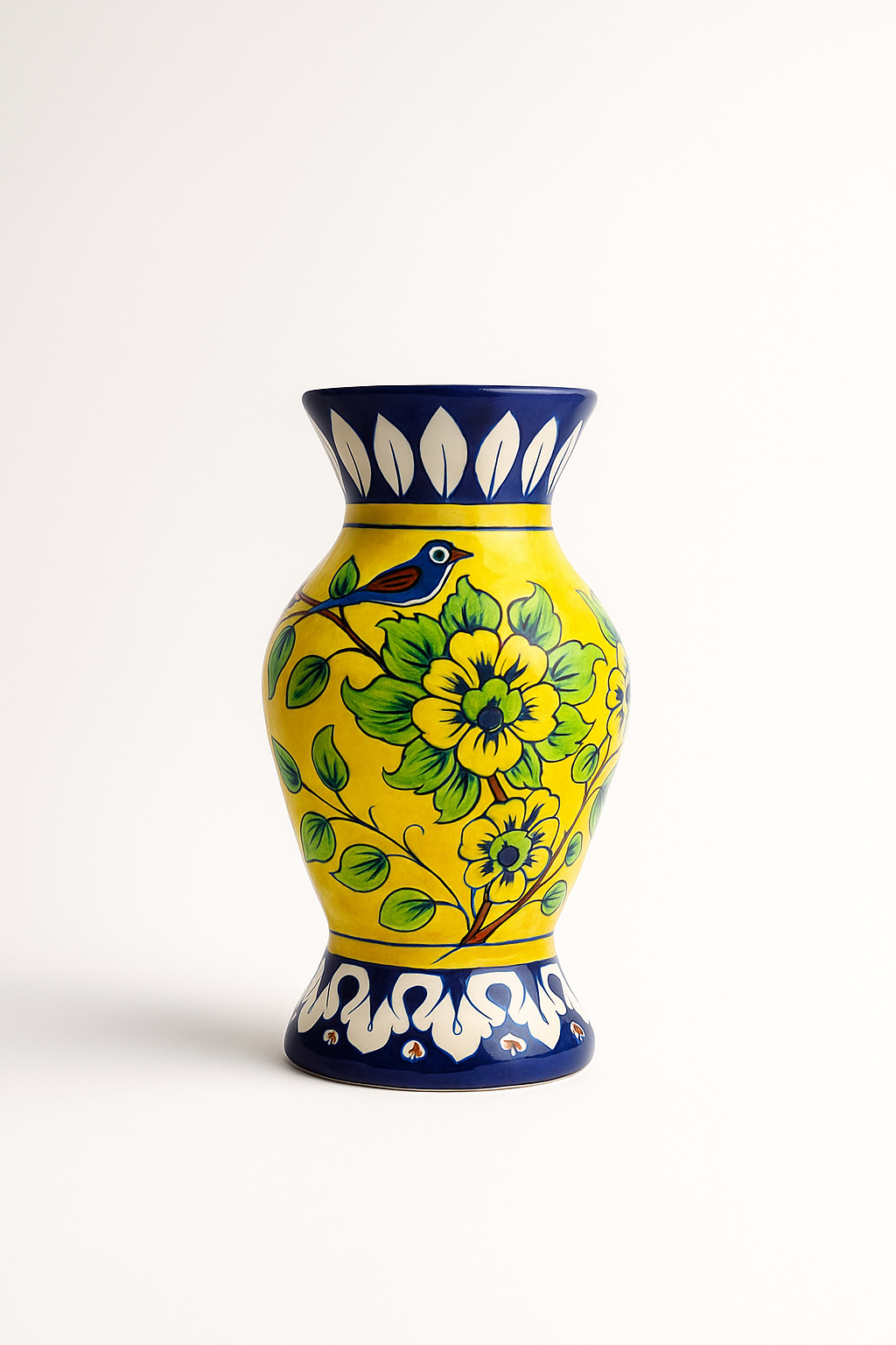 Decorative vase with floral design and blue accents on a white background