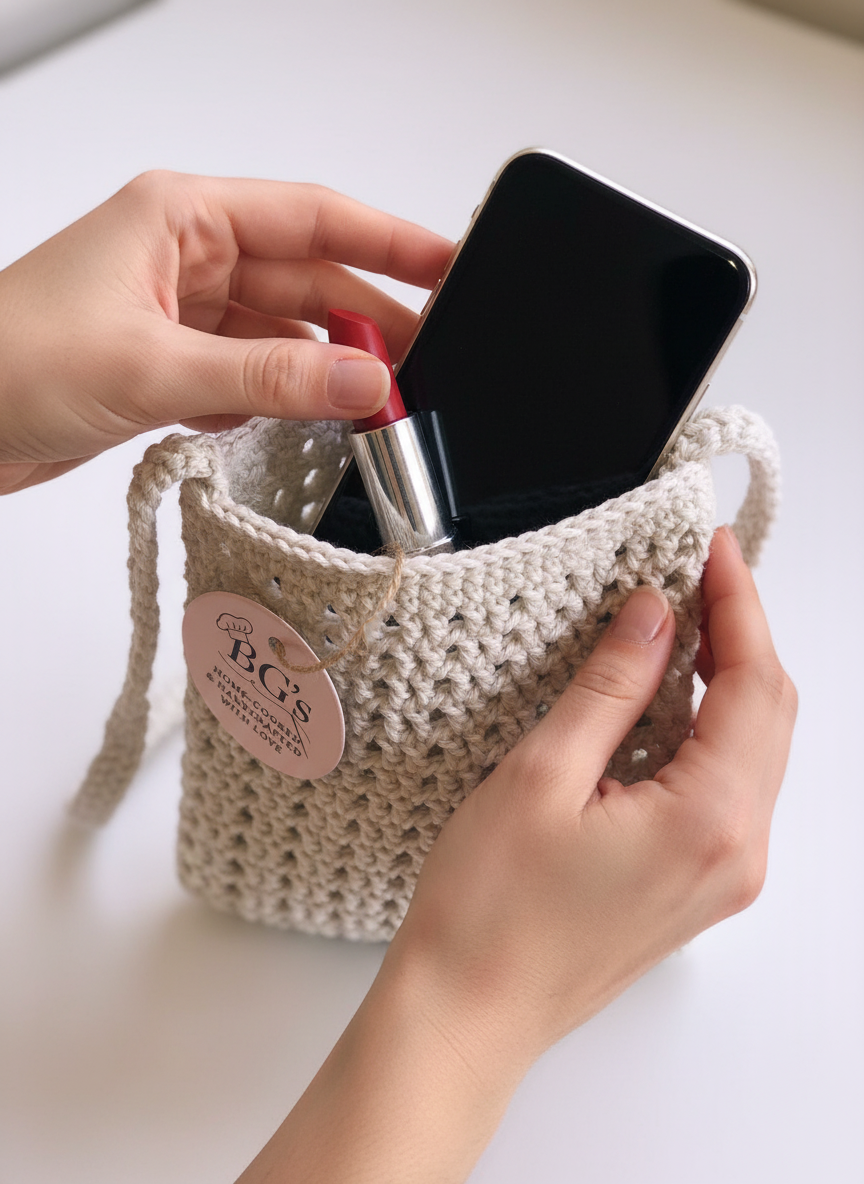 Handmade crochet makeup bag with lipstick and phone, held by a person.