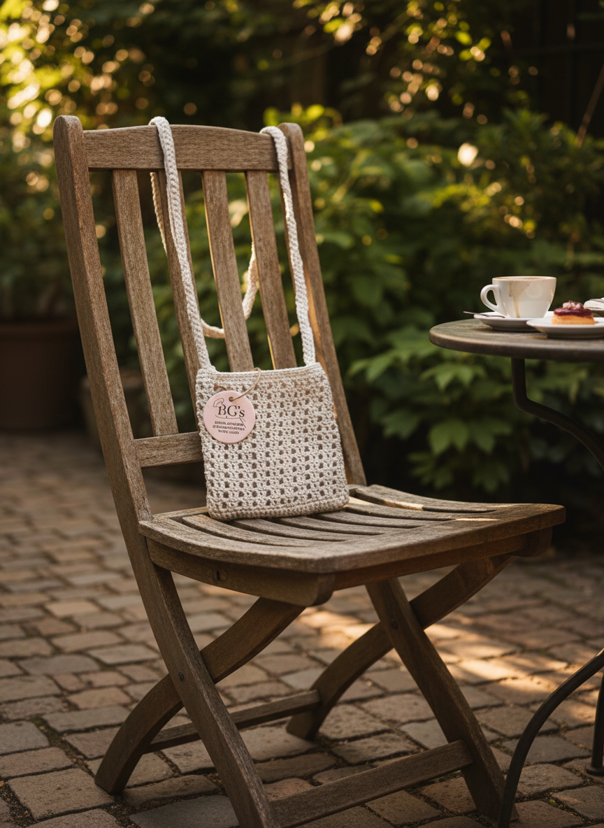 Woven bag on a wooden chair with a blurred background of greenery and a table with a cup.